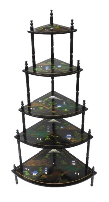 A Chinese lacquer corner whatnot, of five tier graduated form, painted with landscapes, 123cm high, 64cm wide.