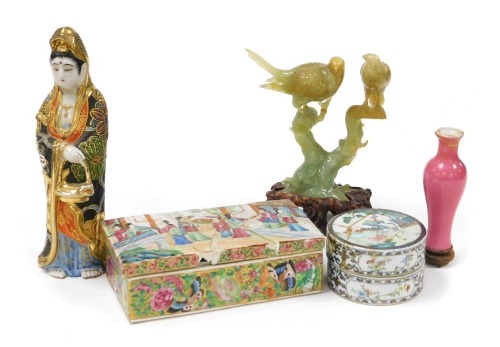 A group of Oriental ceramics and collectables, including a Japanese Satsuma figure of Guanyin, 23cm high, Cantonese famille rose porcelain rectangular box and cover, decorated with figures in an interior, birds and butterflies on a gilt ground, further cy