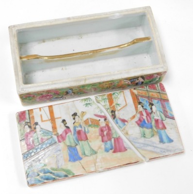 A group of Oriental ceramics and collectables, including a Japanese Satsuma figure of Guanyin, 23cm high, Cantonese famille rose porcelain rectangular box and cover, decorated with figures in an interior, birds and butterflies on a gilt ground, further cy - 2