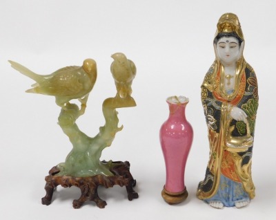 A group of Oriental ceramics and collectables, including a Japanese Satsuma figure of Guanyin, 23cm high, Cantonese famille rose porcelain rectangular box and cover, decorated with figures in an interior, birds and butterflies on a gilt ground, further cy - 6