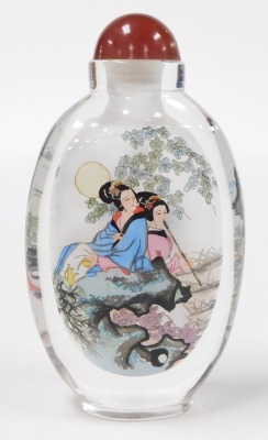 A 20thC Chinese inside painted glass snuff bottle, decorated with ladies in a garden, boxed, 11.5cm high. - 2