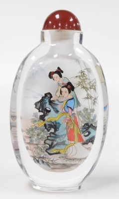 A 20thC Chinese inside painted glass snuff bottle, decorated with ladies in a garden, boxed, 11.5cm high. - 3