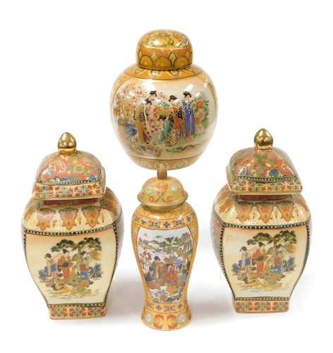 A pair of Satsuma vases and covers, of square curved form, decorated with reserve panels of figures in a garden, and flowers on a red ground, 33cm high, a ginger jar and cover, decorated with ladies in a garden, and flowers on a yellow ground, 25cm high,