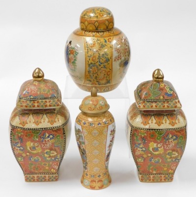 A pair of Satsuma vases and covers, of square curved form, decorated with reserve panels of figures in a garden, and flowers on a red ground, 33cm high, a ginger jar and cover, decorated with ladies in a garden, and flowers on a yellow ground, 25cm high, - 2