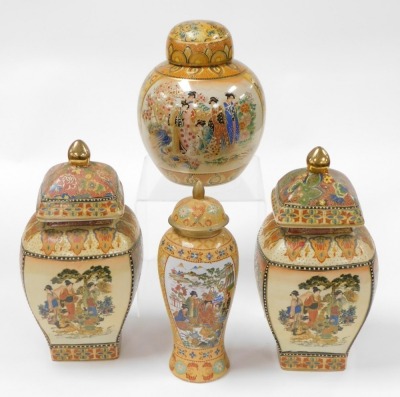 A pair of Satsuma vases and covers, of square curved form, decorated with reserve panels of figures in a garden, and flowers on a red ground, 33cm high, a ginger jar and cover, decorated with ladies in a garden, and flowers on a yellow ground, 25cm high, - 3