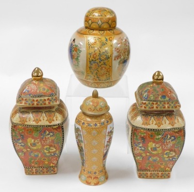 A pair of Satsuma vases and covers, of square curved form, decorated with reserve panels of figures in a garden, and flowers on a red ground, 33cm high, a ginger jar and cover, decorated with ladies in a garden, and flowers on a yellow ground, 25cm high, - 4