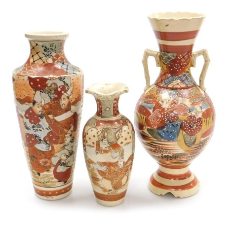 A 20thC Japanese Satsuma vase, of shouldered tapering form, decorated wit figures in a garden, 30cm high, a twin handled vase of baluster form, decorated with figures, 34cm high, and a further Satsuma vase, 22cm high. (3)