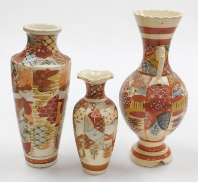 A 20thC Japanese Satsuma vase, of shouldered tapering form, decorated wit figures in a garden, 30cm high, a twin handled vase of baluster form, decorated with figures, 34cm high, and a further Satsuma vase, 22cm high. (3) - 2