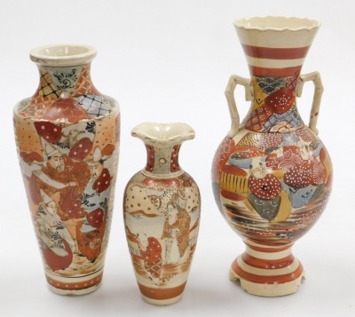 A 20thC Japanese Satsuma vase, of shouldered tapering form, decorated wit figures in a garden, 30cm high, a twin handled vase of baluster form, decorated with figures, 34cm high, and a further Satsuma vase, 22cm high. (3) - 3