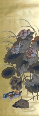 A 19thC Chinese scroll painting, of mandarin ducks and lotus flowers, on a gold ground, 133cm x 43cm.