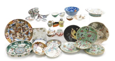 A group of Oriental pottery and porcelain, including Cantonese famille rose plates, rice and tea bowls, rice spoons, jugs, etc. (a quantity)