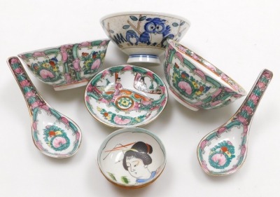 A group of Oriental pottery and porcelain, including Cantonese famille rose plates, rice and tea bowls, rice spoons, jugs, etc. (a quantity) - 5