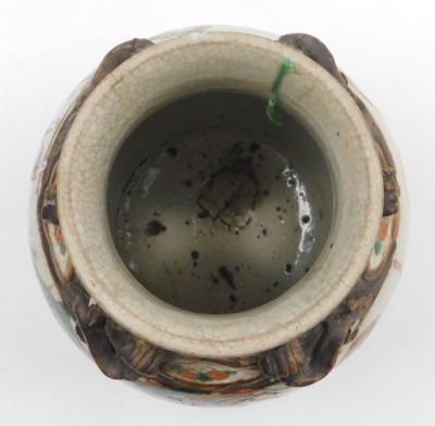 A19thC Nanjing crackle glaze vase, moulded with lizards and decorated with warriors and other figures, incised seal mark to base, 29.5cm high. (AF) - 5