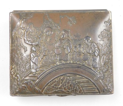 A Chinese white metal tea canister, of cylindrical form, 13cm high, an antimony box, decorated in relief with figures on a bridge, an incense burner, and a metal stand. (4) - 2