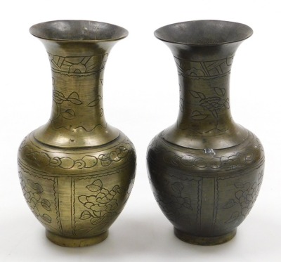 A pair of Chinese bronze vases, with engraved decoration of birds and flowers, six character Xuande seal marks, 19cm high. - 2