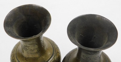 A pair of Chinese bronze vases, with engraved decoration of birds and flowers, six character Xuande seal marks, 19cm high. - 5