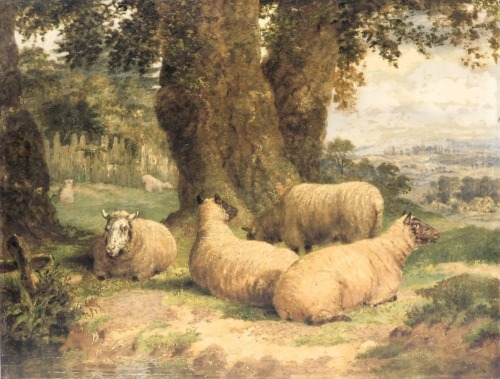 Withdrawn Pre-Sale To be sold in LF151123 - Dean Wolstenholme (British, 1798-1882). Study of sheep in a landscape, oil on board, signed, 27cm x 35cm.