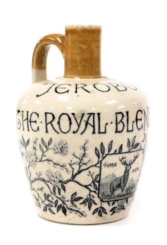 A late 19thC Port Dundas Pottery of Glasgow "Jeroboam" The Royal Blend whisky flagon, two colour stoneware, painted with a deer trademark centrally, branches with blossom, and reserve verso "Hartridges' 25 Great St Helens, E.C. impress marks, 17cm high.