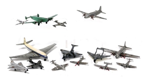 Dinky diecast military aeroplanes, including a Giant High Speed Mono Plane, Gloster Javelin, DH.110 Sea Vixen, two Viking aircraft, and a Comet. (a quantity)