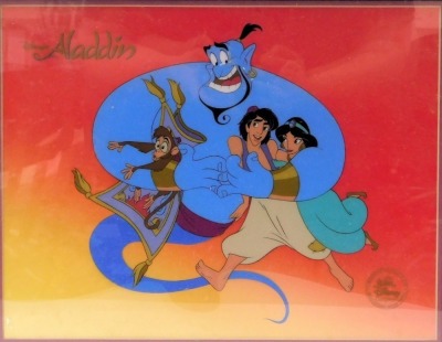 A Walt Disney Company Sericel of Genie Hug, from Disney's Aladdin, limited edition no. 5550, with certificate, 26cm x 33.5cm.