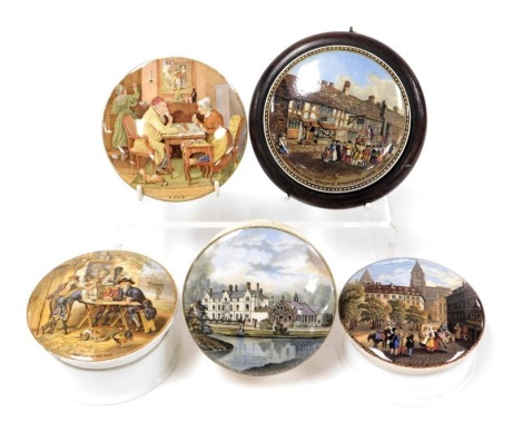 Five Prattware pot lids, three with pot bases, one with a wooden wall mounting frame, comprising Shakespeare' House, Henley Street, Stratford On Avon, Battle of The Nile, Sandringham The Seat of HRH The Princes of Wales, a pair, and The Square, Strasbourg