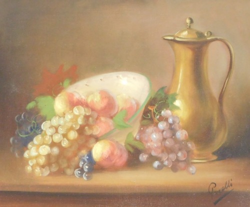 Genelli (Continental, 20thC). Still life of fruit with a bowl and flagon, oil on canvas, signed, 44.5cm x 53cm.