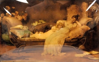 A late 19thC crystoleum, study of a mother and daughter on a chaise longue, gilt framed, 16.5cm x 26cm. - 2