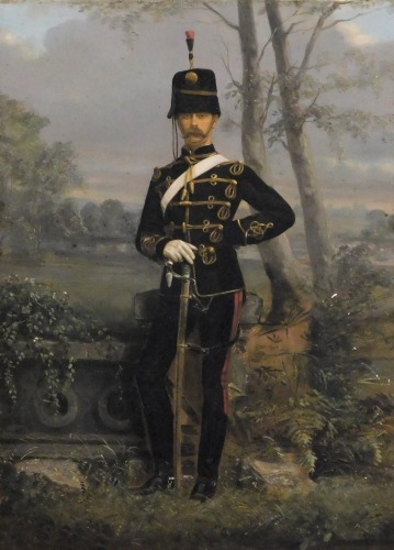 English School (19thC). Full length portrait of a Hussar, standing in a formal landscape holding his sword to fore, oil on board, 57cm x 41cm.