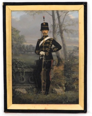 English School (19thC). Full length portrait of a Hussar, standing in a formal landscape holding his sword to fore, oil on board, 57cm x 41cm. - 2