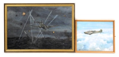 R.C. Wood (British, 20thC). Queen of the Night on a night time bombing sortie, oil on canvas board, signed, dated 1981, 50cm x 75cm, together with Avro Anson, based at RAF Scampton 1940, oil on canvas board, signed, dated 1982, 35cm x 42cm.