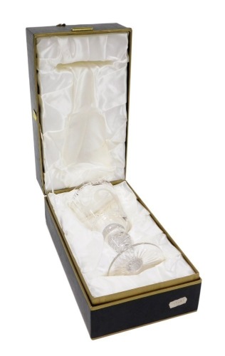 A Minton crystal goblet, decorated to the Right Honourable Margaret Thatcher the first woman Prime Minister of the United Kingdom, with Big Ben verso, approx 18cm high.