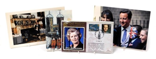 A first day cover commemorating the 40th Anniversary of Margaret Thatcher becoming Prime Minister, Christmas card signed by Dennis and Margaret Thatcher and two pictures of David Cameron, one signed.