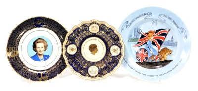 A decorative plate of Margaret Thatcher, third conservative term as Prime Minister June 1987, handpainted by Connie Greenwood 1987, a Worcester plate, decorated with the Right Honourable Margaret Thatcher, and a Royal Crown Derby plate decorated 10 Years