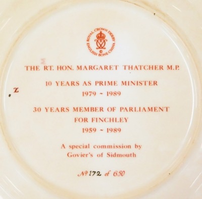 A decorative plate of Margaret Thatcher, third conservative term as Prime Minister June 1987, handpainted by Connie Greenwood 1987, a Worcester plate, decorated with the Right Honourable Margaret Thatcher, and a Royal Crown Derby plate decorated 10 Years - 2