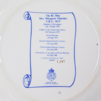 A decorative plate of Margaret Thatcher, third conservative term as Prime Minister June 1987, handpainted by Connie Greenwood 1987, a Worcester plate, decorated with the Right Honourable Margaret Thatcher, and a Royal Crown Derby plate decorated 10 Years - 3