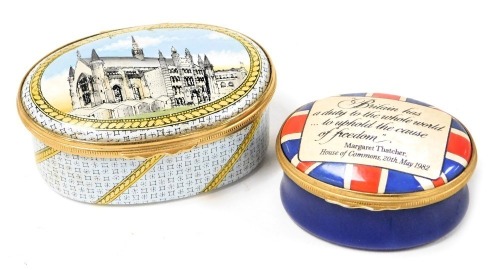 A Halcyon Days pin box, Private Commission to Mark Thatcher in enamelled produced to augment the South Atlantic Fund 1982, along with another Halcyon Days enamel box, decorated with Westminster.