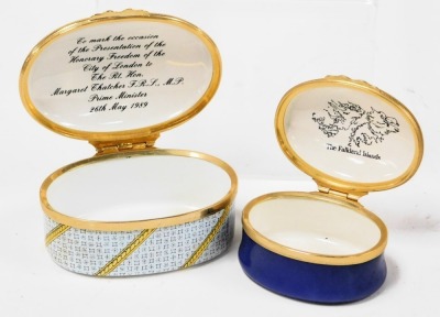 A Halcyon Days pin box, Private Commission to Mark Thatcher in enamelled produced to augment the South Atlantic Fund 1982, along with another Halcyon Days enamel box, decorated with Westminster. - 2