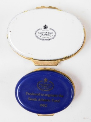 A Halcyon Days pin box, Private Commission to Mark Thatcher in enamelled produced to augment the South Atlantic Fund 1982, along with another Halcyon Days enamel box, decorated with Westminster. - 3