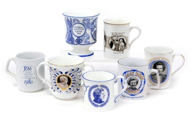 A goblet, decorated with General Election 9th June 1983 by Coalport, a mug decorated with Margaret Thatcher, another smaller mug blue and white by Coalport, decorated with Westminster, and three other Margaret Thatcher decorated mugs, and a twin handled c