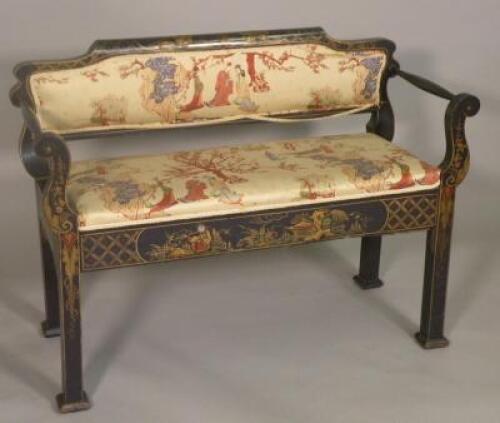 An early 20thC blue japanned bench or window seat decorated overall with Chinese figures picked out