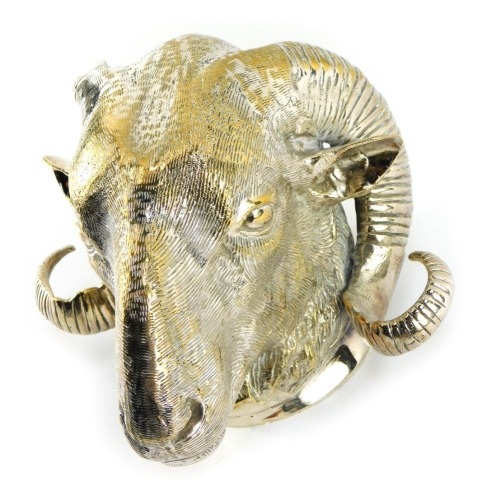 A 20thC silver plated cast brass wall mask modelled as a ram's head, 18.5cm high.