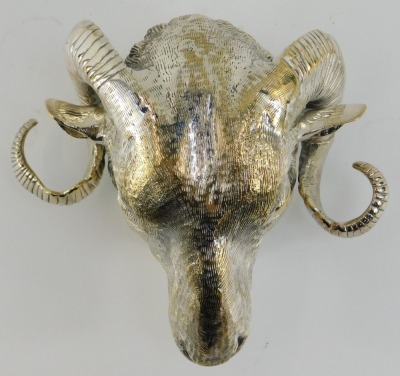 A 20thC silver plated cast brass wall mask modelled as a ram's head, 18.5cm high. - 3