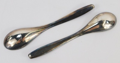 A pair of Norwegian silver and blue guilloche enamelled spoons, stamped verso J. Trostrup, Sterling, 15cm long. - 2