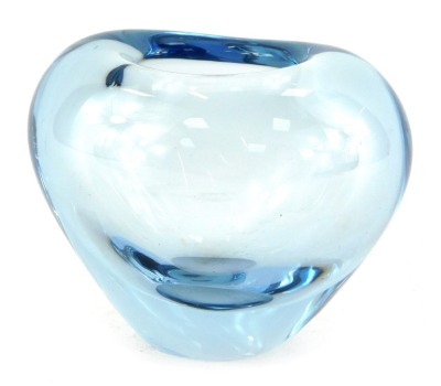 A Holmegaard by Per Lutken studio glass vase, modelled as a heart in blue, signed to underside Holmegaard and dated 1961, 7cm high.