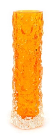 A Whitefriars tangerine orange bark finger vase, from the Textured range, pre 1974, designed by Geoffrey Baxter, pattern number 9729, 14.5cm high.