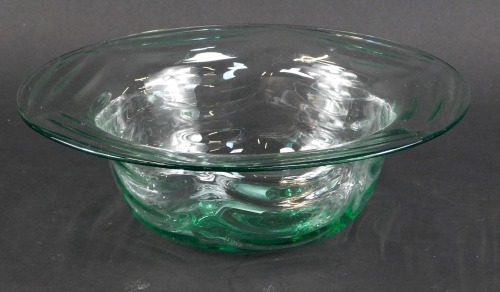 A Whitefriars sea green glass bowl, with spiral ribbed decoration, possibly 1949, pattern number 9274, 25cm diameter.