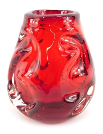 A Whitefriars ruby glass 'Knobbly' vase, pattern number 9608, 15.5cm high.