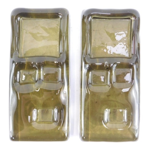 Two Whitefriars architectural glass slab brick paperweights, in twilight colourway, designed by Geoffrey Baxter, shown in the 1969 Whitefriars catalogue, pattern number 6, 17cm x 8cm.