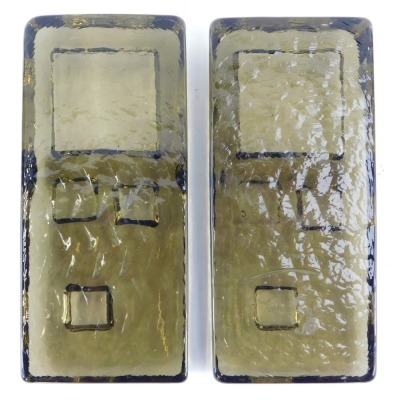 Two Whitefriars architectural glass slab brick paperweights, in twilight colourway, designed by Geoffrey Baxter, shown in the 1969 Whitefriars catalogue, pattern number 6, 17cm x 8cm. - 2