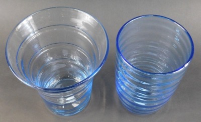 Two Whitefriars blue glass vases, of cylindrical form and inverted trumpet form, each with banded decoration, 20cm high. - 2